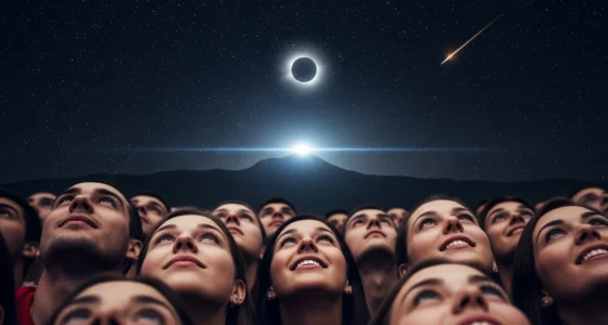 Grupo de pessoas admirando o calendário astronômico 2026 eclipses sob céu estrelado com brilho de eclipes