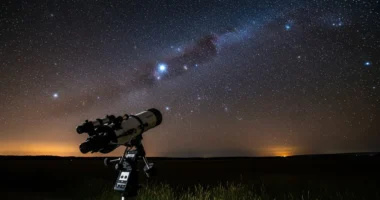 Imagem de um telescópio refrator em campo aberto sob céu estrelado, ideal para iniciantes no universo do telescópio iniciantes guia completo.