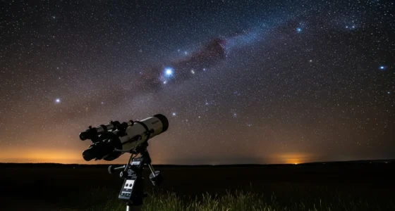 Imagem de um telescópio refrator em campo aberto sob céu estrelado, ideal para iniciantes no universo do telescópio iniciantes guia completo.