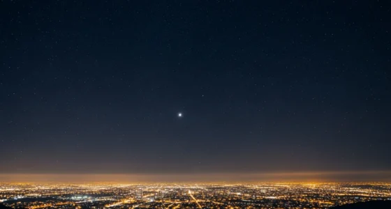 Céu noturno estrelado com planeta visível a olho nu, cidade iluminada ao fundo e cores azuis, pretos, laranjas e amarelos, representando descubra universo como avistar