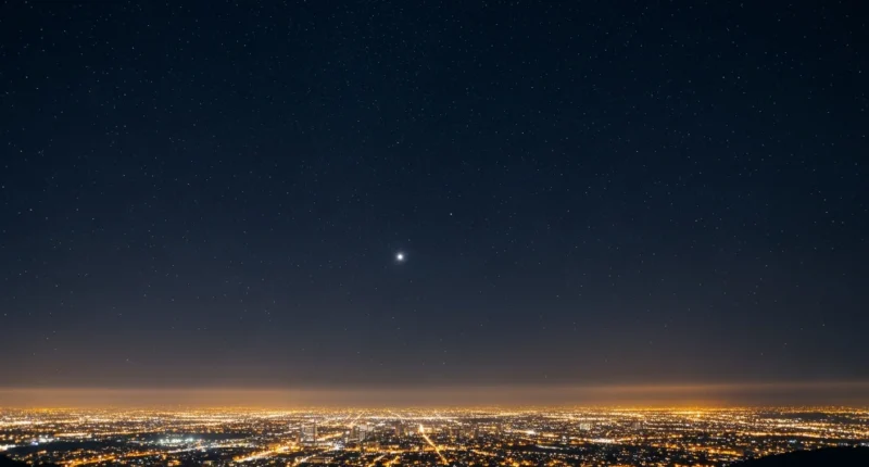 Céu noturno estrelado com planeta visível a olho nu, cidade iluminada ao fundo e cores azuis, pretos, laranjas e amarelos, representando descubra universo como avistar