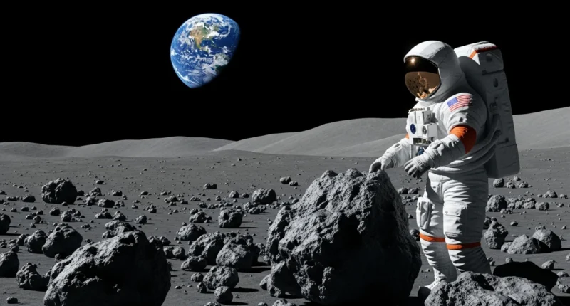 Astronauta com traje Artemis explora a superfície lunar, com a Terra brilhando no céu escuro em uma exploração da nova era Artemis.