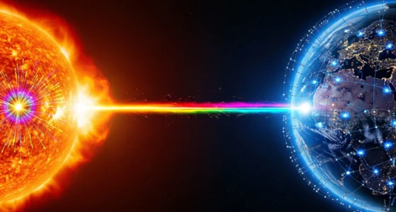 Ilustração estilizada de tempestade solar 2026 ameaça, com explosões solares e Terra interconectada.