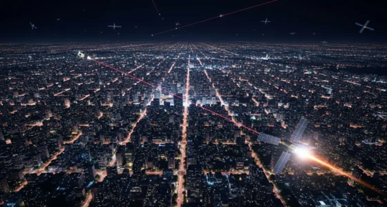 Visão aérea noturna de cidade com satélites em órbita e um em reentrada, destacando o perigo dos satélites fim vida perigo