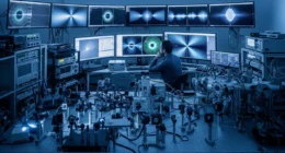 Laboratório de física com equipamento avançado e cientista analisando gráficos de simulações de viagem no tempo