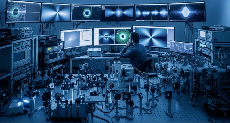 Laboratório de física com equipamento avançado e cientista analisando gráficos de simulações de viagem no tempo