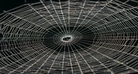 Imagem macro de uma teia de aranha com fios brilhantes, representando multiverso marvel teoria cordas