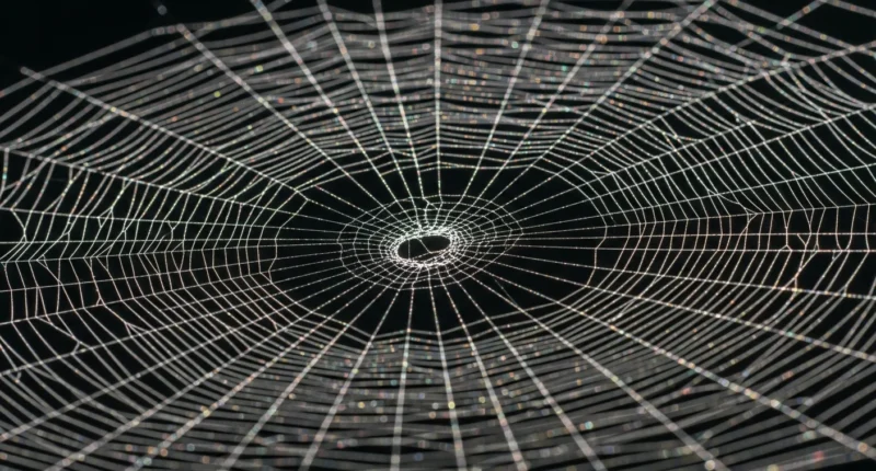 Imagem macro de uma teia de aranha com fios brilhantes, representando multiverso marvel teoria cordas