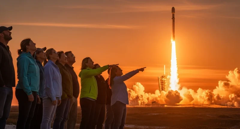 Grupo admirando foguete da SpaceX decolando ao pôr do sol, destacando turismo espacial e preços