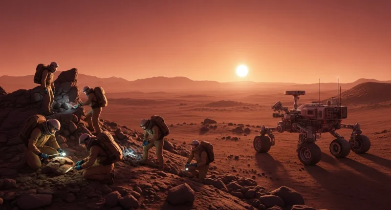 Paisagem marciana com geólogos em trajes espaciais e rover, destacando a terraformação Marte cientistas revelam