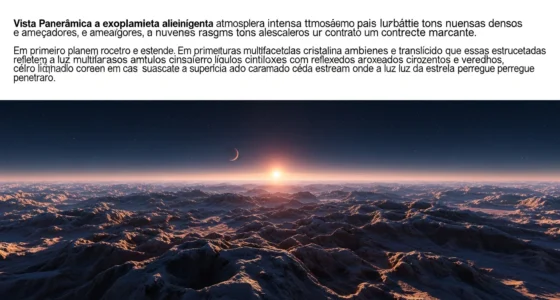 Vista panorâmica de exoplaneta com atmosfera turbulenta, chuva de vidro, ferro e diamantes