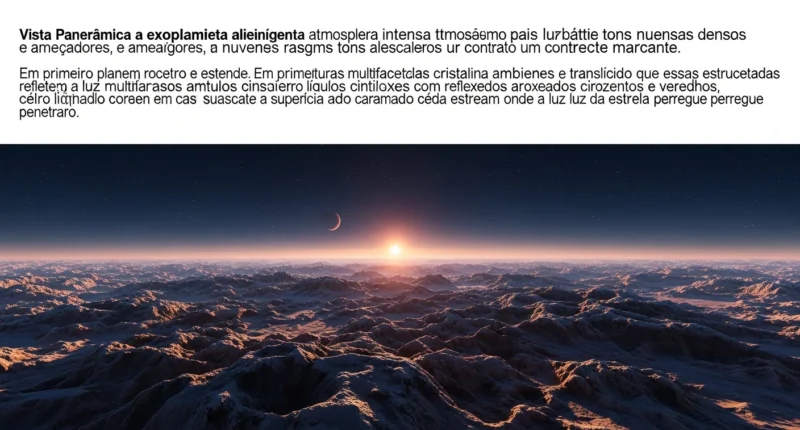 Vista panorâmica de exoplaneta com atmosfera turbulenta, chuva de vidro, ferro e diamantes