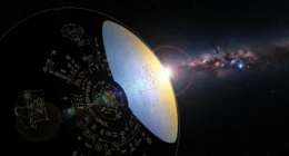 Close-up do disco de ouro Voyager com gravações detalhadas, refletindo estrelas e a Via Láctea ao fundo