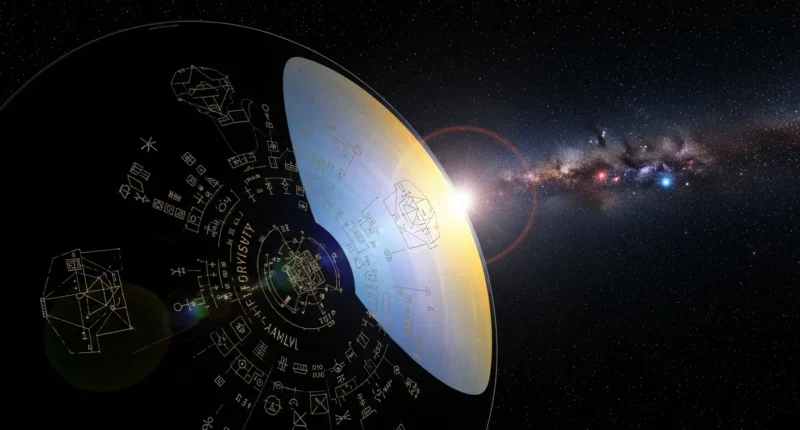 Close-up do disco de ouro Voyager com gravações detalhadas, refletindo estrelas e a Via Láctea ao fundo