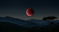 Eclipse lunar total 2026 com Lua de Sangue sobre paisagem brasileira noturna