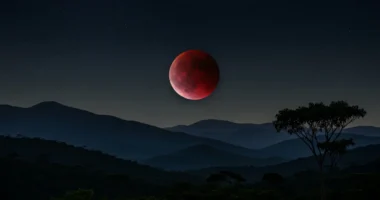 Eclipse lunar total 2026 com Lua de Sangue sobre paisagem brasileira noturna
