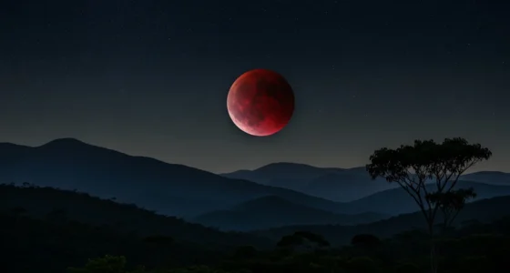 Eclipse lunar total 2026 com Lua de Sangue sobre paisagem brasileira noturna