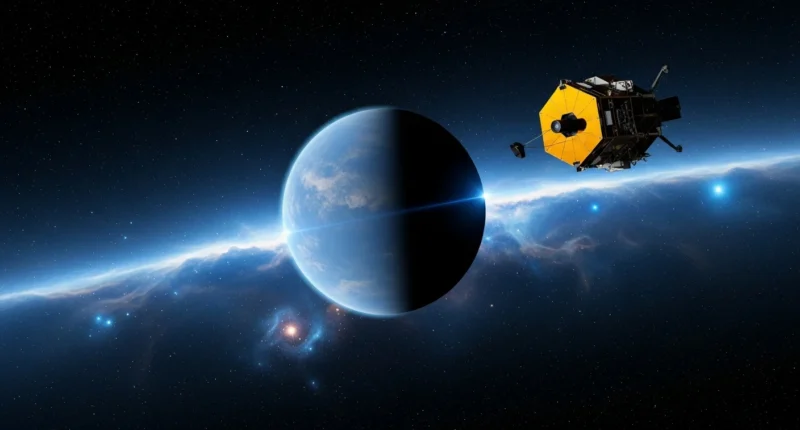 Representação do telescópio James Webb capturando um planeta oceânico com sinal de vida detectado pela NASA detecta sinal vida