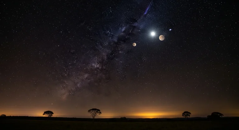 Céu estrelado com alinhamento planetário, chuva de meteoros e Via Láctea sobre uma paisagem brasileira