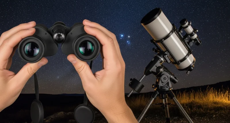 Dupla de mãos segurando um binóculo guia com telescópio ao lado, apontados para o céu estrelado, destacando telescópio vs binóculo guia