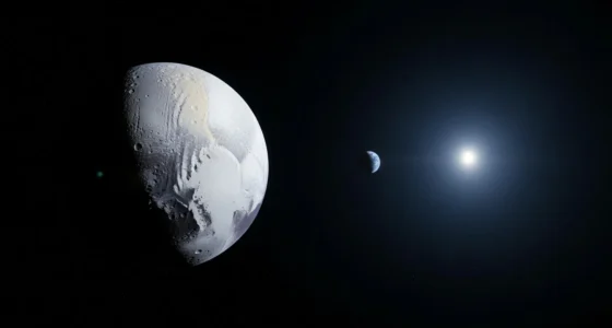 Imagem da missão New Horizons mostrando Plutão deixando ser planeta, com Terra e Sol ao fundo em tons de azul e cinza