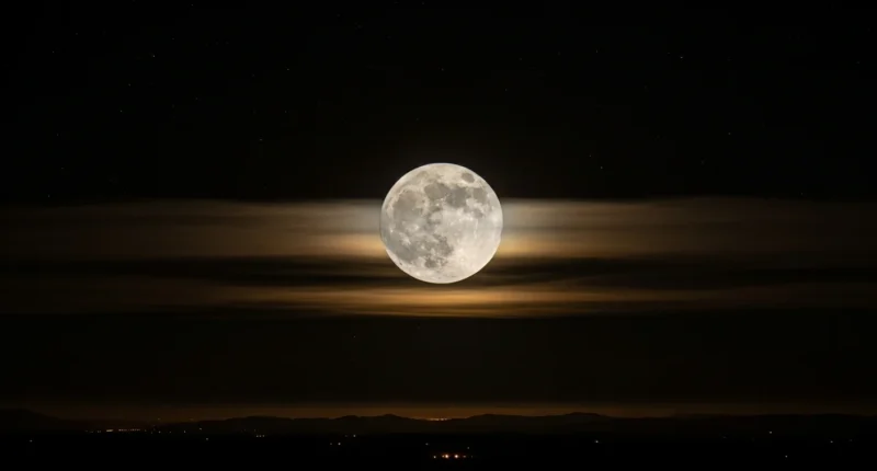 Imagem da Lua no céu noturno parcialmente coberta por nuvens finas, com a Terra no canto inferior esquerdo, mostrando o mistério da lua que vemos