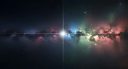 Ilustração minimalista de astronomia vs astrologia, com elementos cósmicos e signos zodiacais