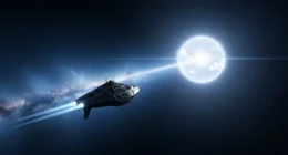 Nave espacial navegando no espaço escuro com o Sol brilhando ao fundo e uma estrela distante