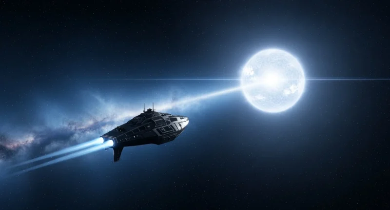 Nave espacial navegando no espaço escuro com o Sol brilhando ao fundo e uma estrela distante