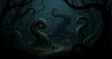 Cena de floresta negra cósmica cheia de medo e mistério, com olhos sombrios e raios de luz