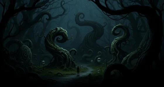 Cena de floresta negra cósmica cheia de medo e mistério, com olhos sombrios e raios de luz