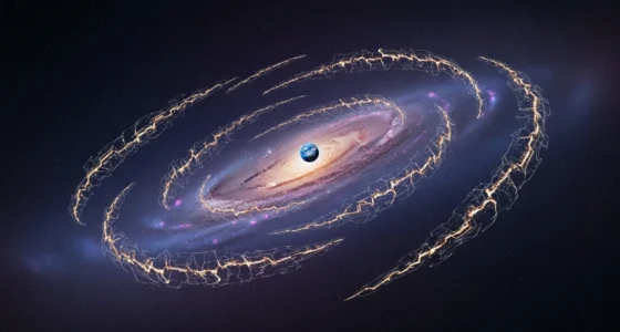 Ilustração estilizada da prisão luz barreira cósmica na Via Láctea envolvendo a Terra