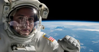 Close-up de um astronauta sem capacete no espaço, com pele translúcida e corpo inchado, ilustrando que acontece corpo humano