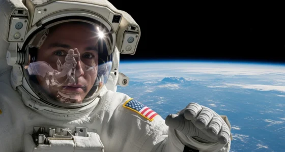 Close-up de um astronauta sem capacete no espaço, com pele translúcida e corpo inchado, ilustrando que acontece corpo humano