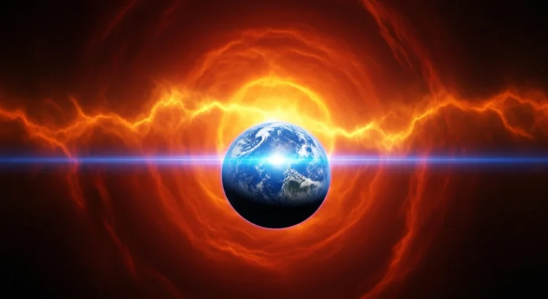 Visão da Terra pequena e azul cercada pelo fogo de uma gigante vermelha em simulação do fim do sistema solar