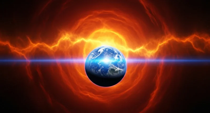 Visão da Terra pequena e azul cercada pelo fogo de uma gigante vermelha em simulação do fim do sistema solar