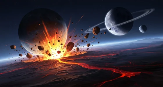 Representação artística da Terra com duas luas durante colisão primordial, com cores dramáticas e nuvem de poeira