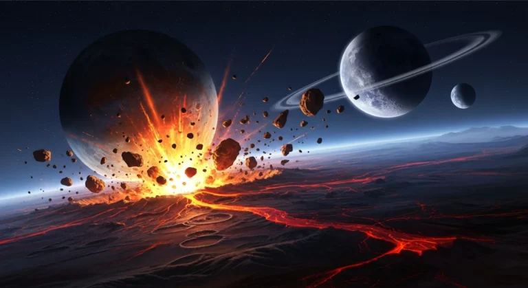Representação artística da Terra com duas luas durante colisão primordial, com cores dramáticas e nuvem de poeira