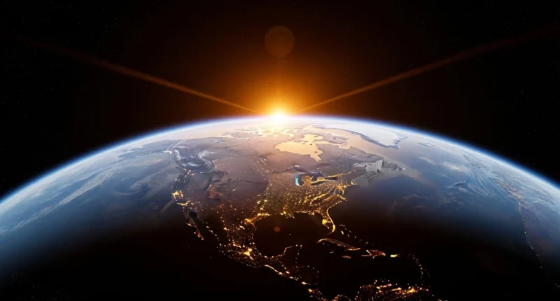 Imagem de capa mostrando a Terra com estações do ano, eixo inclinado e diferentes raios de sol