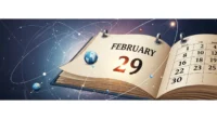 Imagem estilizada de um calendário antigo com 29 de fevereiro destacado, astrônomos e elementos cósmicos ao redor, fundo geométrico.