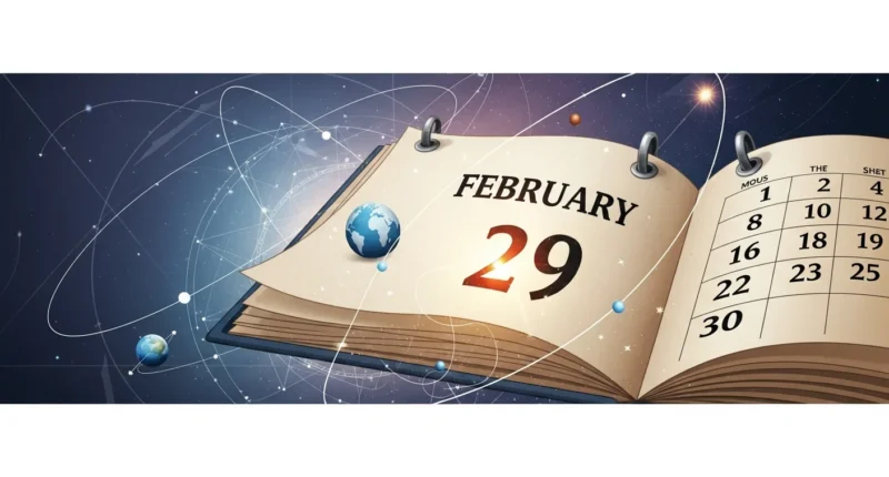 Imagem estilizada de um calendário antigo com 29 de fevereiro destacado, astrônomos e elementos cósmicos ao redor, fundo geométrico.