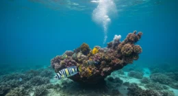 Visão subaquática de corais sob luz da lua, ilustrando a força invisível que influencia as marés.