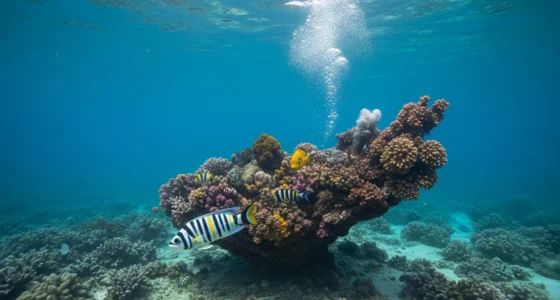 Visão subaquática de corais sob luz da lua, ilustrando a força invisível que influencia as marés.