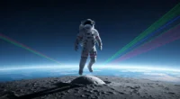 Astronauta na Lua com a Terra ao fundo e bandeiras balançavam 5 provas, elementos gráficos de laser e cores vibrantes