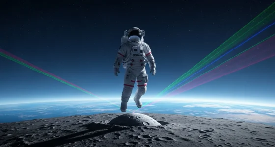 Astronauta na Lua com a Terra ao fundo e bandeiras balançavam 5 provas, elementos gráficos de laser e cores vibrantes