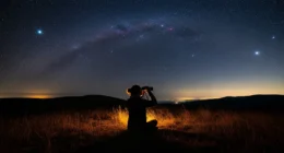 Céu estrelado com Via Láctea, silhueta humana com binóculo buscando orientação, estrela norte não é evidente