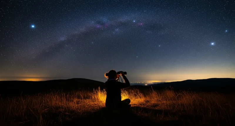 Céu estrelado com Via Láctea, silhueta humana com binóculo buscando orientação, estrela norte não é evidente