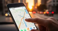 Close-up de um smartphone com Waze aberto na tela ao pôr do sol, destacando a interface de navegação, com um dedo indicando interação.