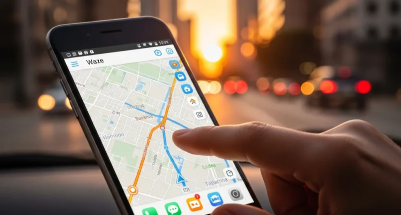 Close-up de um smartphone com Waze aberto na tela ao pôr do sol, destacando a interface de navegação, com um dedo indicando interação.