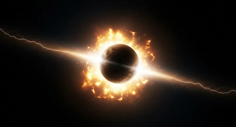 Representação artística da fascinante origem cósmica ouro, com explosão dourada e esfera planetária em formação